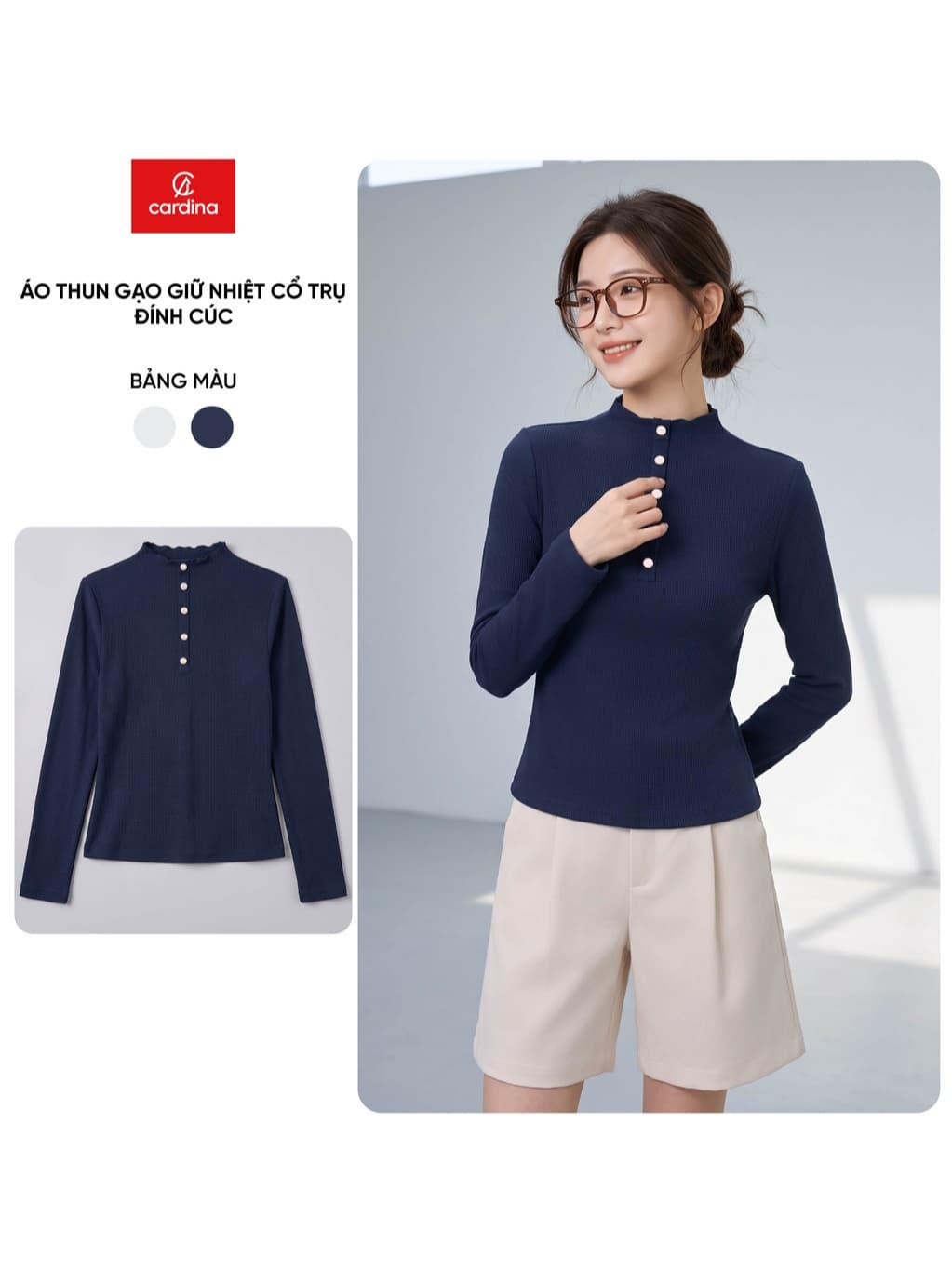 Áo thun nữ CARDINA chất liệu thun gạo giữ nhiệt cổ trụ đính cúc 6AHF03
