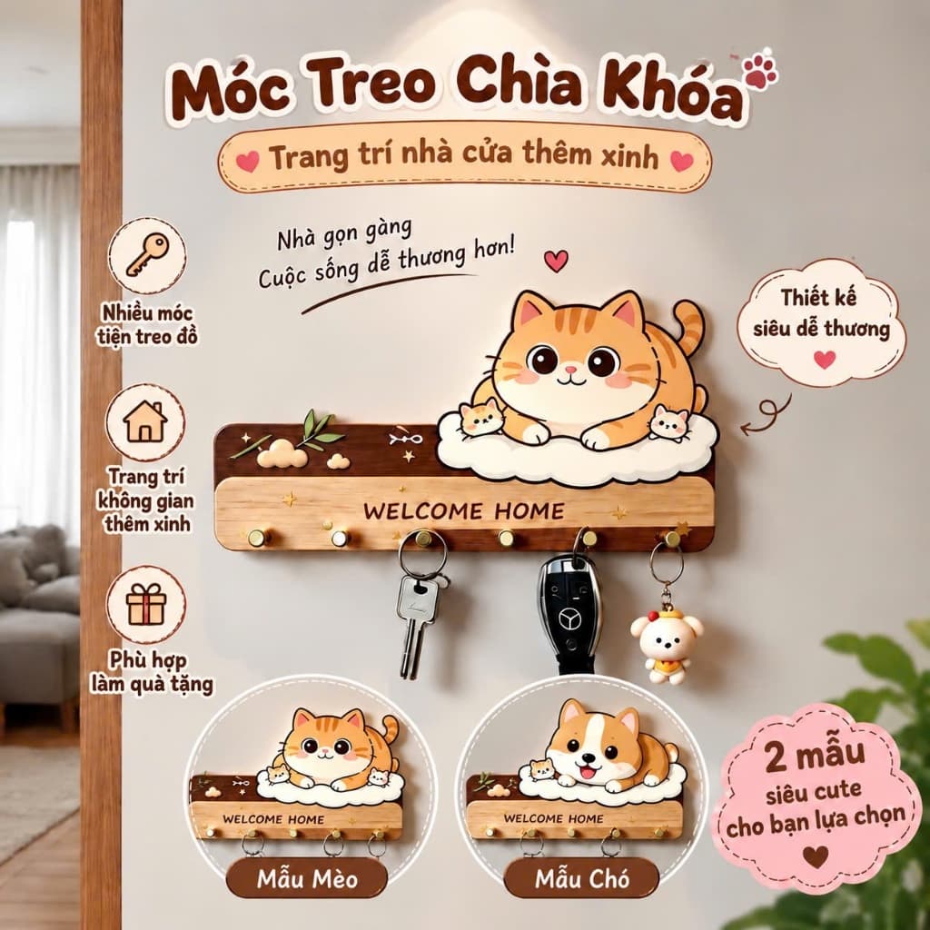 🐱 MÓC TREO CHÌA KHÓA HÌNH THÚ CƯNG – XINH XẮN, TIỆN DỤNG 🏡✨ A2TI6