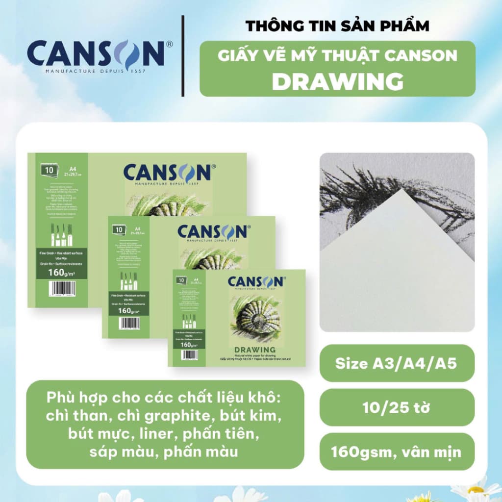 GIẤY CANSON VÂN MỊN 160GSM / 224GSM TẬP 10 TỜ| GIẤY VẼ MỸ THUẬT LUYỆN CHÌ, MÀU NƯỚC