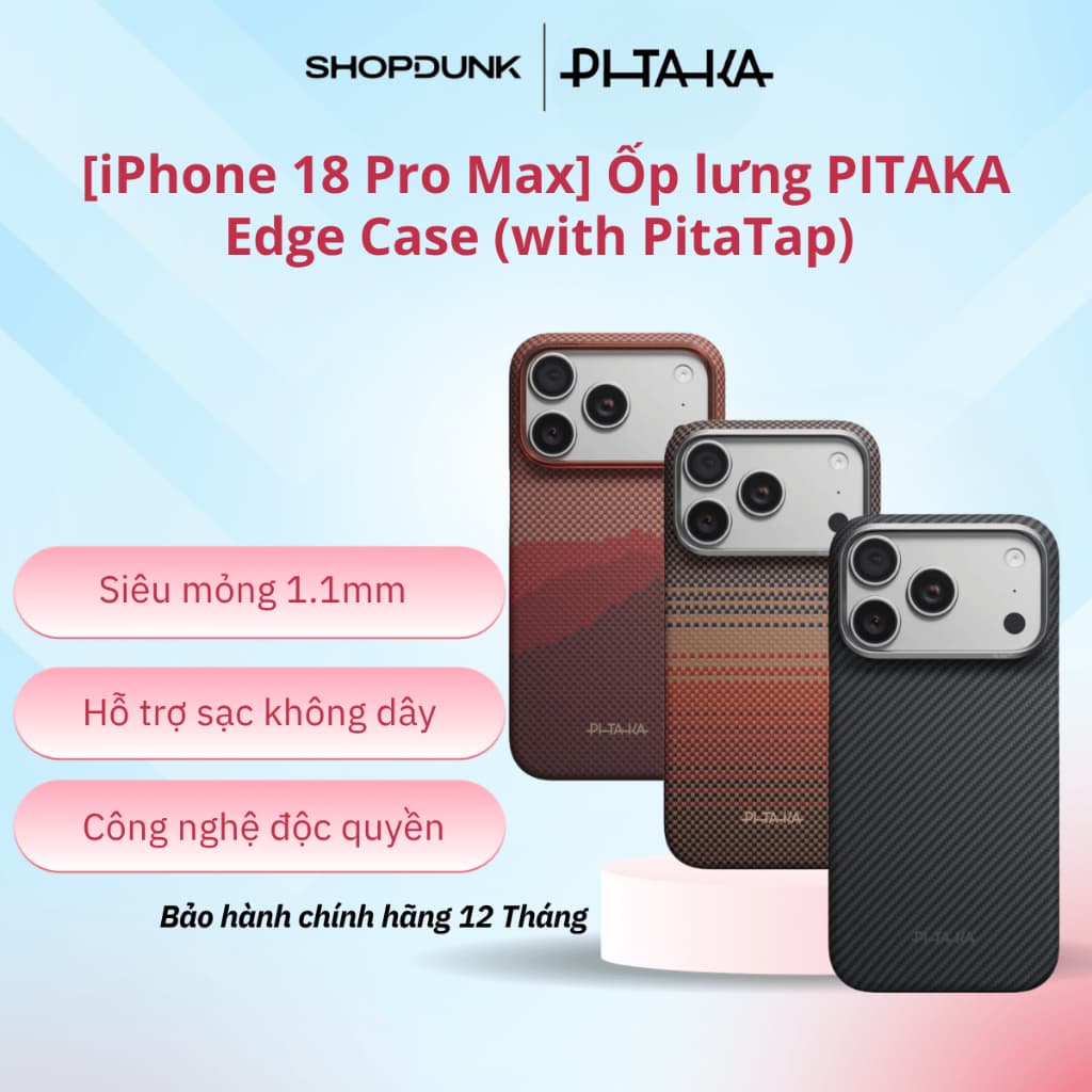 [iPhone 18 Pro Max] Ốp lưng PITAKA Edge Case (with PitaTap) bảo vệ chống sốc tích hợp sạc không dây.
