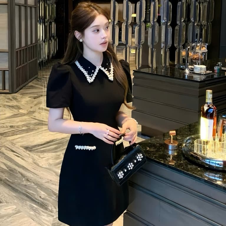 HB - Đầm Đen Cổ Đính Đá Dáng Xòe Tay Bồng Váy Liền Tiểu Thư Dự Tiệc Sang Chảnh D32