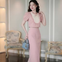 HB -Set Bộ Nữ Màu Hồng Áo Croptop Tay Bồng Phối Ren Cổ Viền Bèo Kèm Chân Váy Dài Tiểu Thư Sang Chảnh S218 2