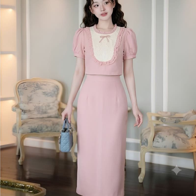 HB -Set Bộ Nữ Màu Hồng Áo Croptop Tay Bồng Phối Ren Cổ Viền Bèo Kèm Chân Váy Dài Tiểu Thư Sang Chảnh S218