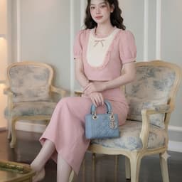 HB -Set Bộ Nữ Màu Hồng Áo Croptop Tay Bồng Phối Ren Cổ Viền Bèo Kèm Chân Váy Dài Tiểu Thư Sang Chảnh S218 3