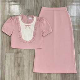 HB -Set Bộ Nữ Màu Hồng Áo Croptop Tay Bồng Phối Ren Cổ Viền Bèo Kèm Chân Váy Dài Tiểu Thư Sang Chảnh S218 4