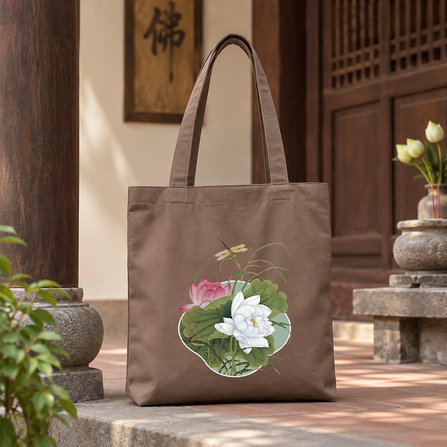 Túi tote canvas vải nâu hoa sen túi đi chùa túi làm quà size to đựng vừa A4 tsn1000