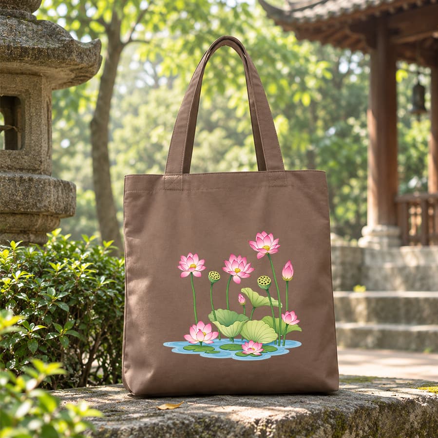 Túi tote canvas vải nâu hoa sen túi đi chùa túi làm quà size to đựng vừa A4 tsn1001