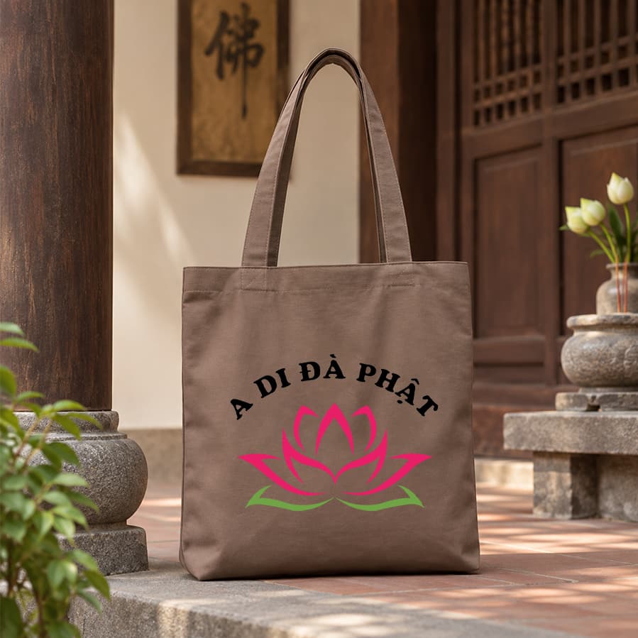 Túi tote canvas vải nâu hoa sen A Di Đà Phật túi đi chùa túi làm quà size to đựng vừa A4 tsn1000