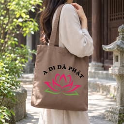 Túi tote canvas vải nâu hoa sen A Di Đà Phật túi đi chùa túi làm quà size to đựng vừa A4 tsn1000 3