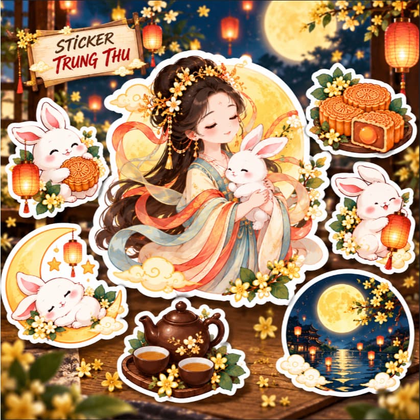 Sticker Trung Thu Cute Tem Dán Trung Thu Chị Hằng Thỏ Ngọc Lồng Đèn Mặt Trăng Bánh Trung Thu Trang Trí Laptop Sổ Tay