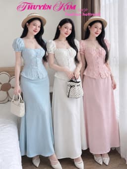 Set váy dài, Set chất Cotton Thêu Hoa áo cổ vuông tay bồng phối chân váy dáng đuôi cá dài thanh lịch 1