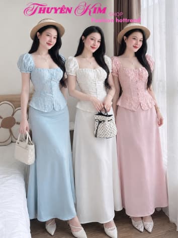 Set váy dài, Set chất Cotton Thêu Hoa áo cổ vuông tay bồng phối chân váy dáng đuôi cá dài thanh lịch