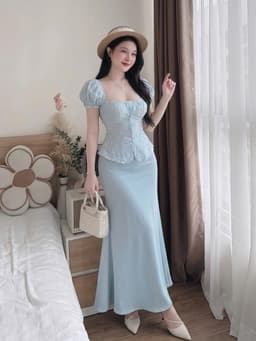 Set váy dài, Set chất Cotton Thêu Hoa áo cổ vuông tay bồng phối chân váy dáng đuôi cá dài thanh lịch 2