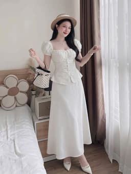 Set váy dài, Set chất Cotton Thêu Hoa áo cổ vuông tay bồng phối chân váy dáng đuôi cá dài thanh lịch 3