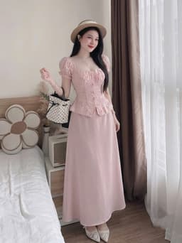 Set váy dài, Set chất Cotton Thêu Hoa áo cổ vuông tay bồng phối chân váy dáng đuôi cá dài thanh lịch 4