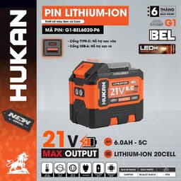 1 Pin 20 Cell Hukan G1-BEL6020-P6 21V 6Ah - Mạch 4 Mofet - Chân Pin M21 Tích Hợp 2 Đèn LED - Cổng Sạc USB, TYPE C 2