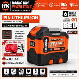 1 Pin 20 Cell Hukan G1-BEL6020-P6 21V 6Ah - Mạch 4 Mofet - Chân Pin M21 Tích Hợp 2 Đèn LED - Cổng Sạc USB, TYPE C 2