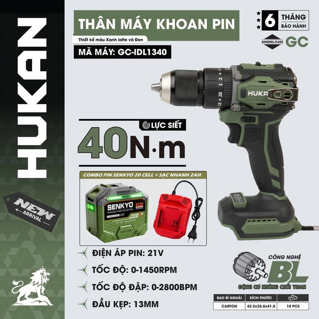 Máy Khoan Pin HUKAN GC-IDL1340 21V, Động Cơ Không Chổi Than, Lực Siết 40N.m, Đầu Kẹp 13mm