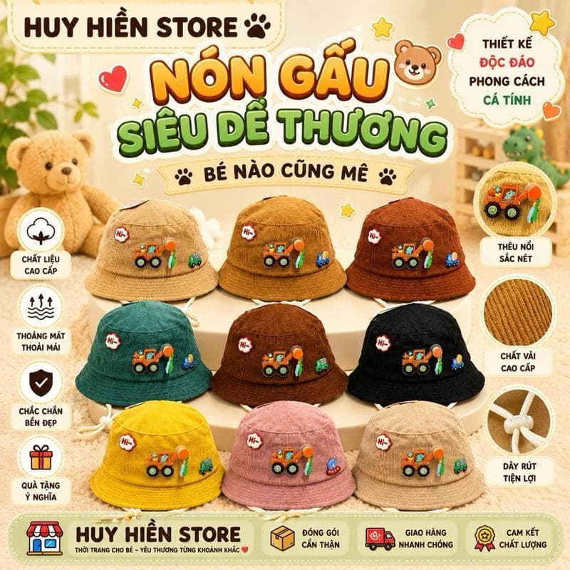 [4th-2 tuổi]Nón Cho Bé Hình Xe Công Trình –Mũ Bucket Bé Trai Thêu Nổi Dễ Thương Có Dây Rút Nhiều Màu