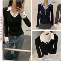 𝑨𝒏𝒏 𝑺𝒕𝒖𝒅𝒊𝒐 Áo Thun Nữ Dài Tay Phối Cổ Sơ Mi 𝐄𝐍.𝐄𝐍 10930, Áo Thun Cổ Bẻ Tay Dài Form Ôm Phong Cách Hàn Quốc 1