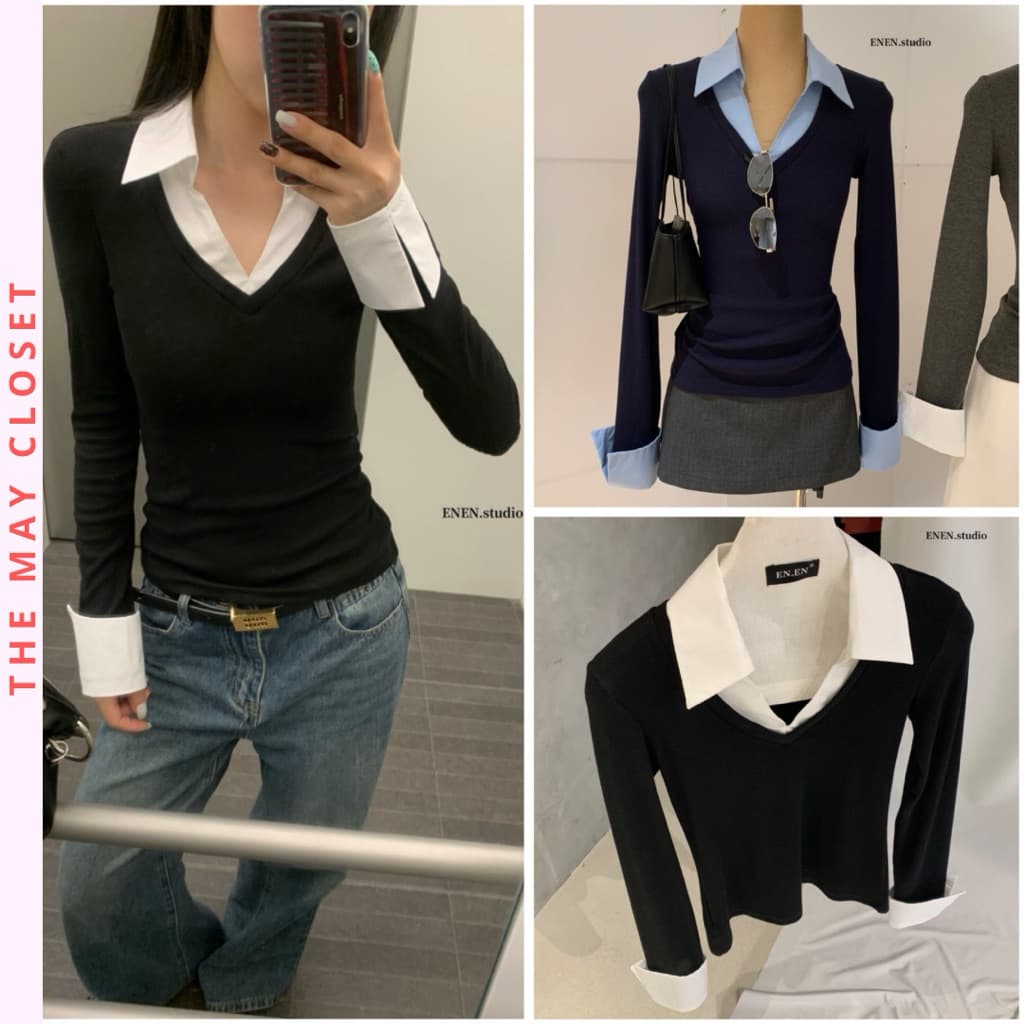 𝑨𝒏𝒏 𝑺𝒕𝒖𝒅𝒊𝒐 Áo Thun Nữ Dài Tay Phối Cổ Sơ Mi 𝐄𝐍.𝐄𝐍 10930, Áo Thun Cổ Bẻ Tay Dài Form Ôm Phong Cách Hàn Quốc
