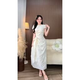 Đầm thô thêu hoa dáng dài cổ tròn phối chi tiết nhúng eo 8