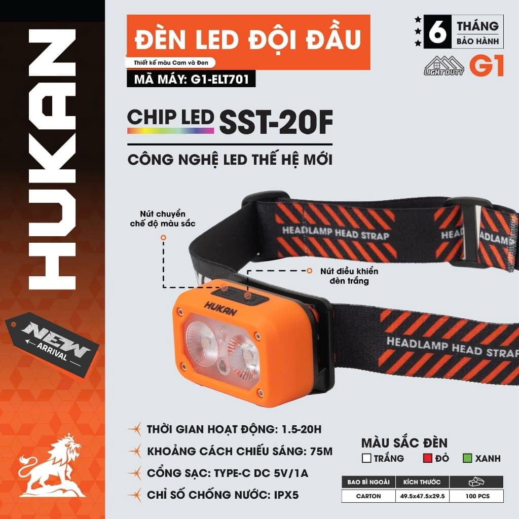 Đèn LED Đội Đầu HUKAN G1-ELT701, Chip LED SST-20F Siêu Sáng, 3 Màu Ánh Sáng - Chống Nước