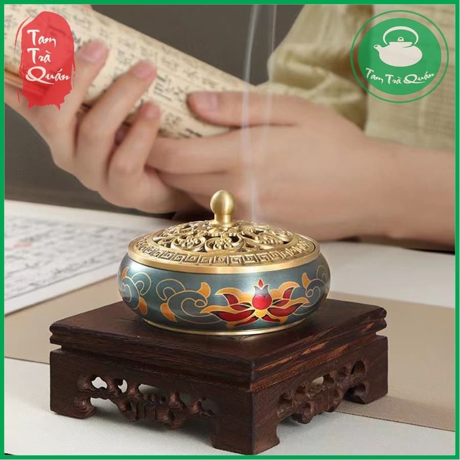Lư đồng xông trầm cẩm tú họa sen men pháp lam
