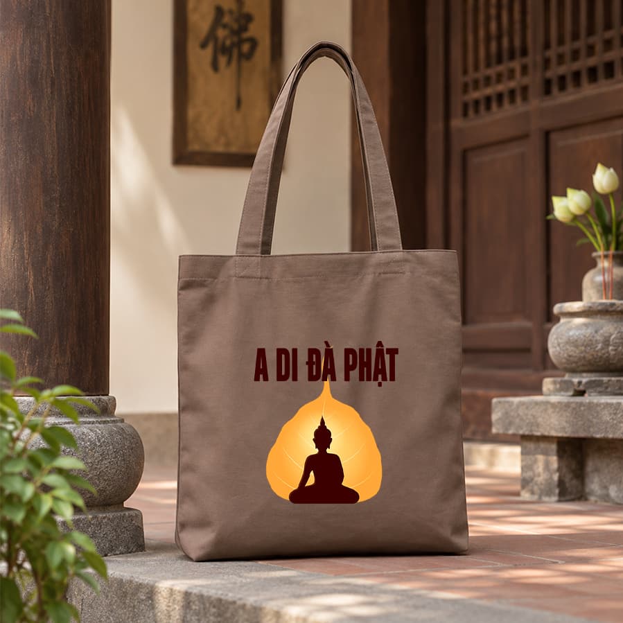 Túi tote canvas vải nâu  A Di Đà Phật túi đi chùa túi làm quà size to đựng vừa A4 tsn1005