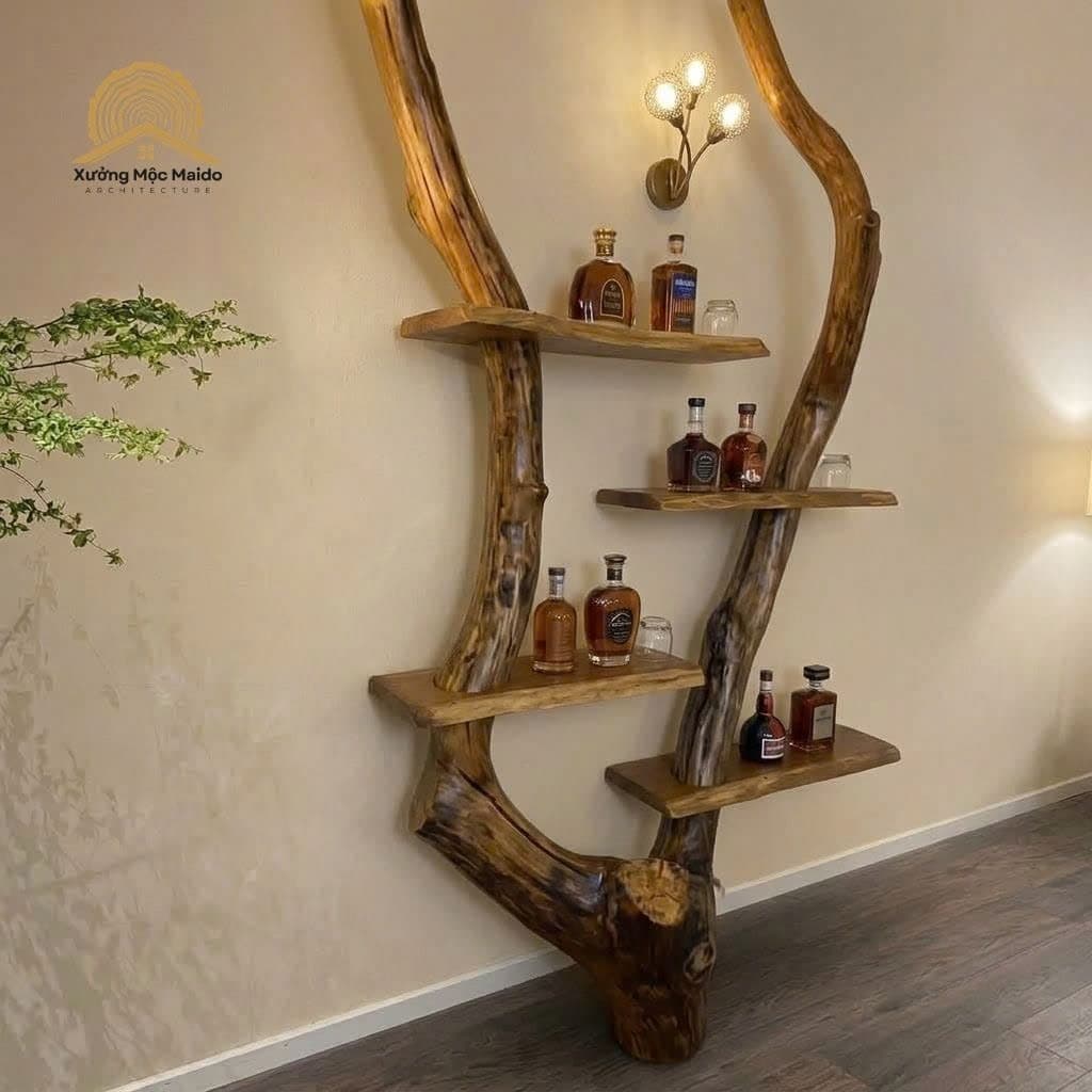 Kệ Trang Trí Gỗ Lũa Tự Nhiên 4 Tầng, Kệ Trưng Bày Độc Đáo, Kệ Rượu Decor Phòng Khách