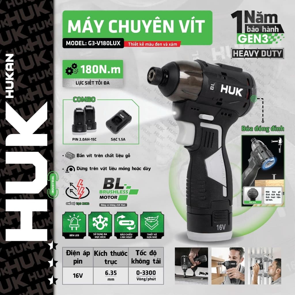 Máy Chuyên Vít Có Búa HUKAN G3-V180LUX 180Nm - Pin Xả Cao 15C - Chức Năng Tạo Xung Thông Minh