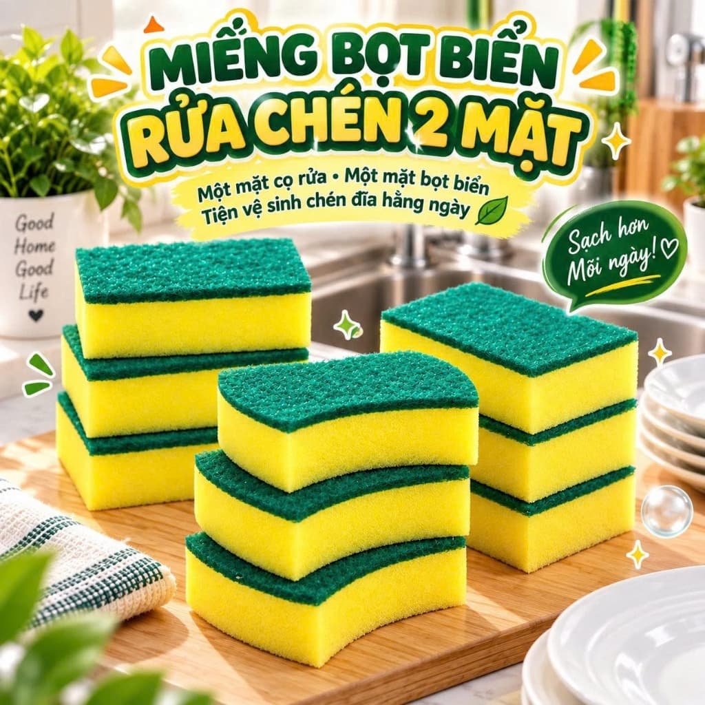 Miếng rửa chén bát 2 mặt xanh vàng tiện dụng,Miếng bọt biển tạo bọt cọ rửa xoong nồi siêu sạch