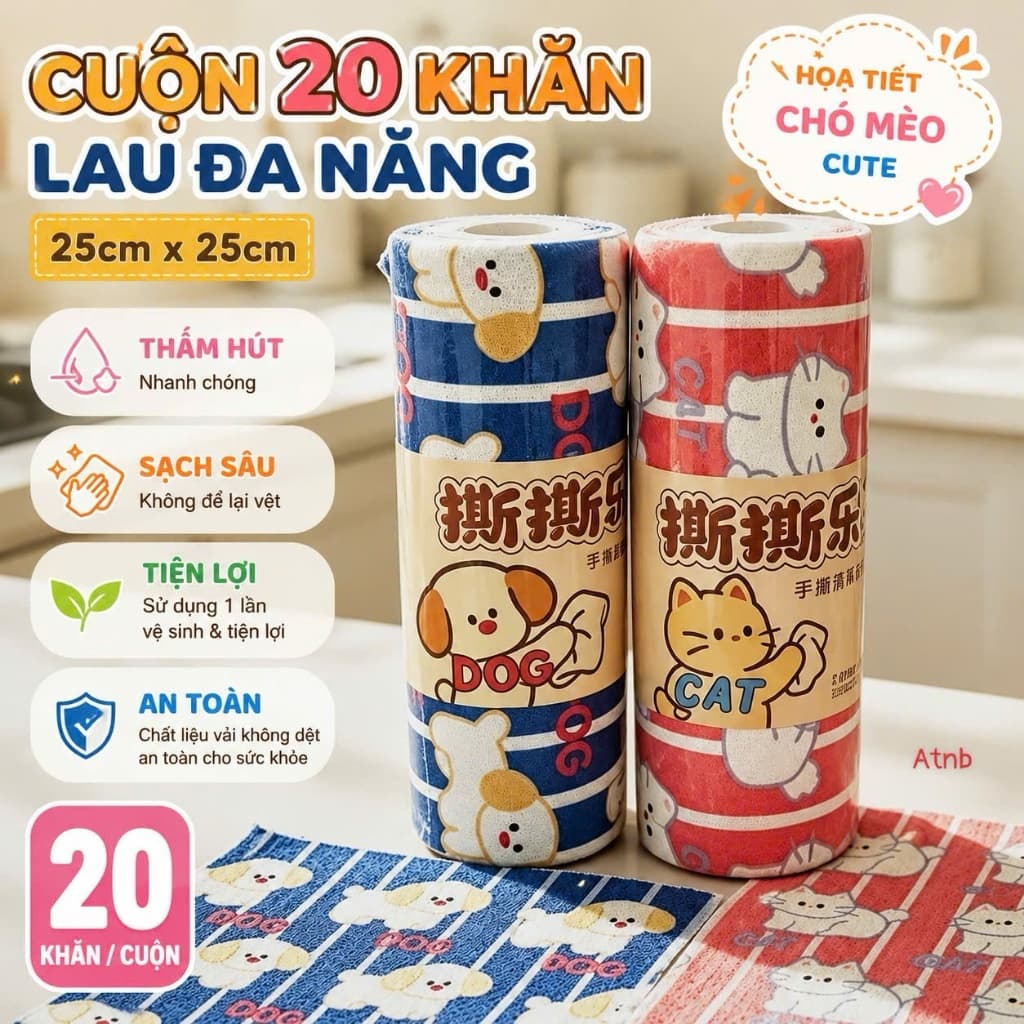 🐶🐱 CUỘN 20 KHĂN LAU ĐA NĂNG – HOẠ TIẾT CHÓ MÈO CUTE 🐱🐶 A2TI6