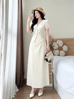 Set váy dài, Set công sở chất Tuyết Mưa áo cổ nhọn phối Ren thanh lịch mix chân váy chữ A dáng dài 2