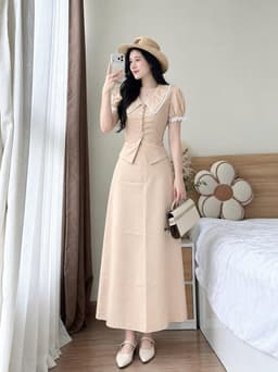 Set váy dài, Set công sở chất Tuyết Mưa áo cổ nhọn phối Ren thanh lịch mix chân váy chữ A dáng dài 3