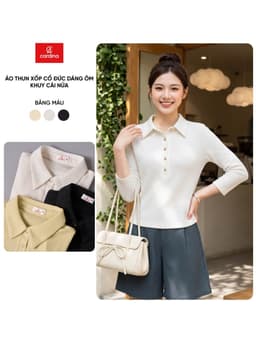 Áo thun nữ CARDINA chất liệu thun xốp cổ đức dáng ôm khuy cài nửa  6AKD02 1