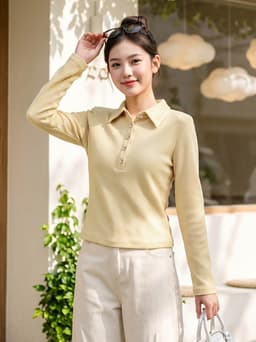 Áo thun nữ CARDINA chất liệu thun xốp cổ đức dáng ôm khuy cài nửa  6AKD02 8