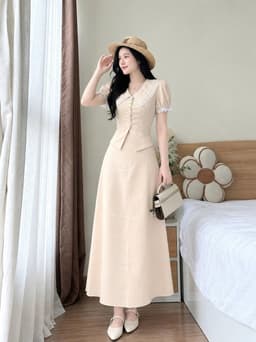 Set váy dài, Set công sở chất Tuyết Mưa áo cổ nhọn phối Ren thanh lịch mix chân váy chữ A dáng dài 4