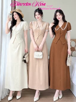 Set váy dài, Set công sở chất Tuyết Mưa áo cổ nhọn phối Ren thanh lịch mix chân váy chữ A dáng dài 1
