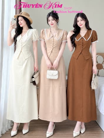 Set váy dài, Set công sở chất Tuyết Mưa áo cổ nhọn phối Ren thanh lịch mix chân váy chữ A dáng dài
