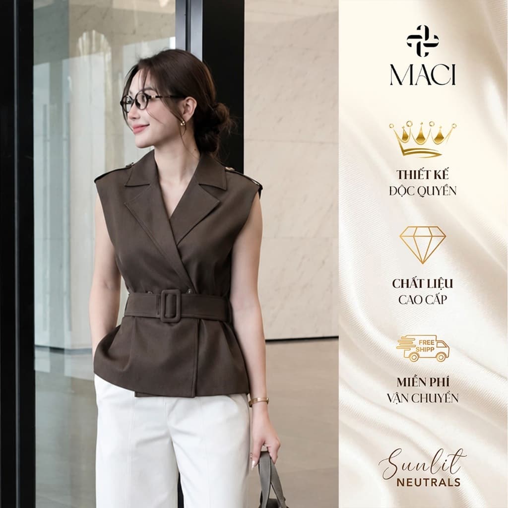 Áo Gile Blazer Kèm Đai Màu Nâu Choco Trầm Chất Bò Lụa MACI MCAGLNA0409 Thời Trang Nữ Thiết Kế