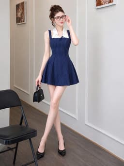 Đầm váy ngắn, Đầm thiết kế kiểu 2 dây phối cổ yếm sơ mi chất Mango Sọc dáng ngắn xòe thanh lịch 2