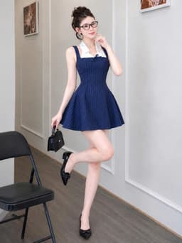 Đầm váy ngắn, Đầm thiết kế kiểu 2 dây phối cổ yếm sơ mi chất Mango Sọc dáng ngắn xòe thanh lịch 6