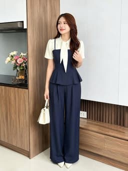 Set công sở, Set bộ áo kiểu chất Rubi thắt nơ tay ngắn phối quần dáng dài suông rộng thanh lịch 2