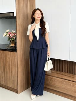 Set công sở, Set bộ áo kiểu chất Rubi thắt nơ tay ngắn phối quần dáng dài suông rộng thanh lịch 4