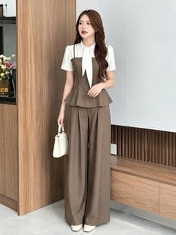 Set công sở, Set bộ áo kiểu chất Rubi thắt nơ tay ngắn phối quần dáng dài suông rộng thanh lịch 6