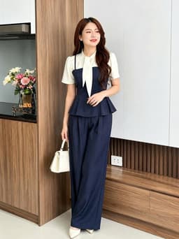 Set công sở, Set bộ áo kiểu chất Rubi thắt nơ tay ngắn phối quần dáng dài suông rộng thanh lịch 3