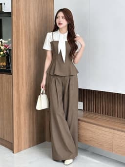Set công sở, Set bộ áo kiểu chất Rubi thắt nơ tay ngắn phối quần dáng dài suông rộng thanh lịch 7