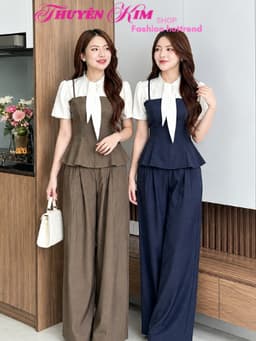 Set công sở, Set bộ áo kiểu chất Rubi thắt nơ tay ngắn phối quần dáng dài suông rộng thanh lịch 1