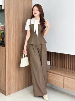 Set công sở, Set bộ áo kiểu chất Rubi thắt nơ tay ngắn phối quần dáng dài suông rộng thanh lịch 5